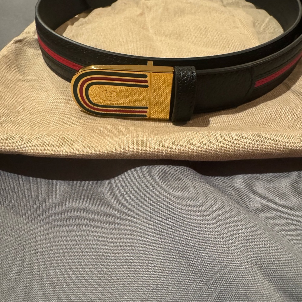Gucci Men's 105/42 Black Blue Red Web Stripe GG Buckle Belt - Picture 3 of 9
